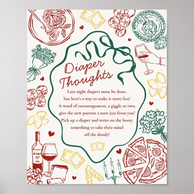 Poster Italian Pasta Baby Shower Diaper Thoughts Game (Devant)