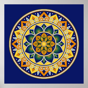 Poster Italian Tile Pattern – Peacock motifs majolica