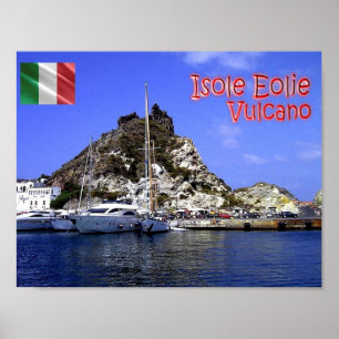 Poster Italie - Îles Éoliennes - Volcan - Port -