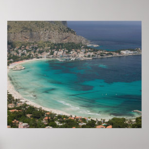 Poster Italie, Sicile, Mondello, vue sur la plage depuis