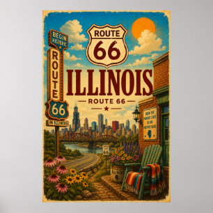 Poster Itinéraire Rétro 66 Illinois Chicago Jardin Voyage