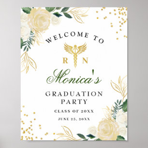 Poster Ivory Golden Floral Welcome Graduation Party