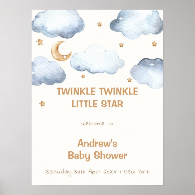 Poster Ivory Moon Stars Twinkle Boy Baby shower Bienvenue (Devant)
