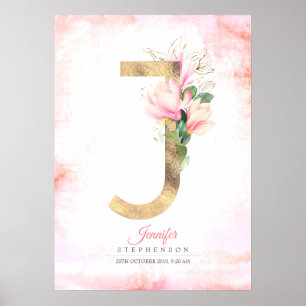 Poster J Letter Monogram Gold Leaves Pink Magnolia Floral