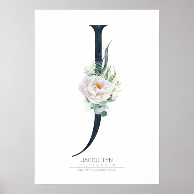 Poster J Lettre Monogramme Fleurs blanches et verdure (Devant)