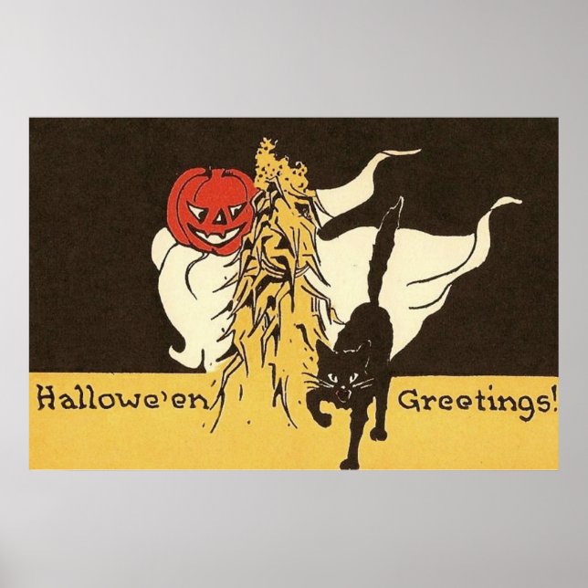 Poster Jack O'Lantern Fantôme Chat Noir Cornstalk (Devant)