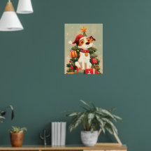 Jack Russell Terrier avec sapin de Noël et cadeaux