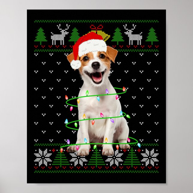 Poster Jack Russell Terrier Chien Noël Arbre Lumières Cou (Devant)