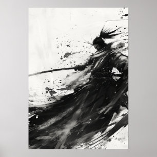 Poster Jack Samurai dynamique en noir et blanc