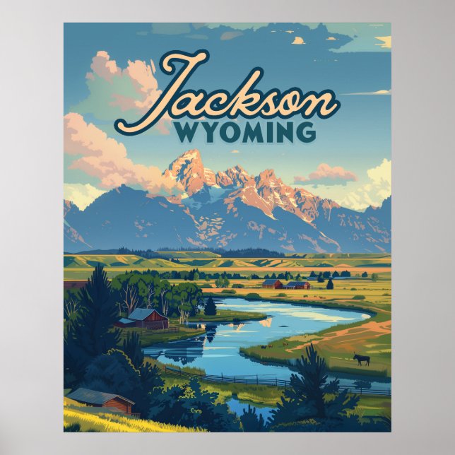 Poster Jackson Hole Wyoming Ranch Tetons Mountains Retro (Devant)