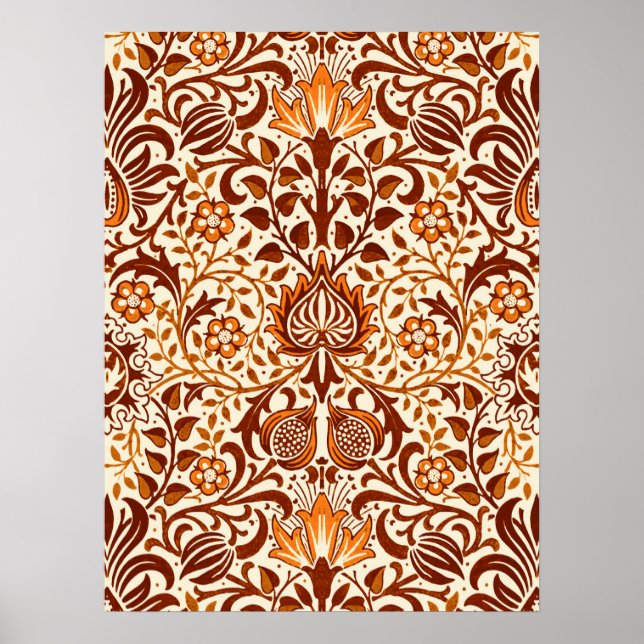 Poster Jacobean Floral Damask, Beige et Chocolat Brown (Devant)