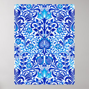 Poster Jacobean Floral Damask, Cobalt bleu et blanc