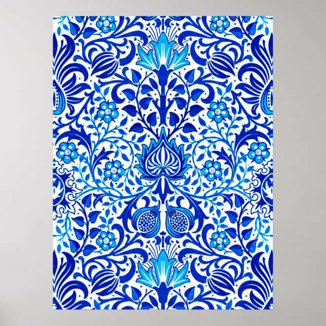 Poster Jacobean Floral Damask, Cobalt bleu et blanc (Devant)