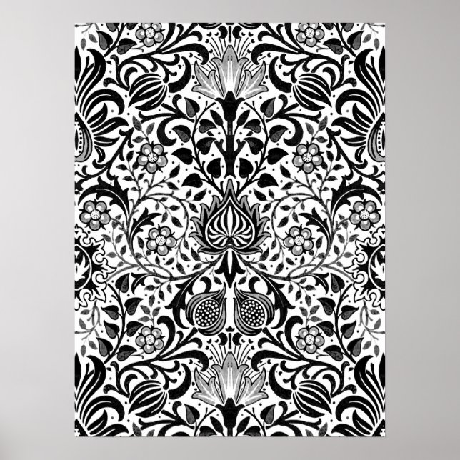 Poster Jacobean Floral Damask, noir, blanc et pots gris (Devant)