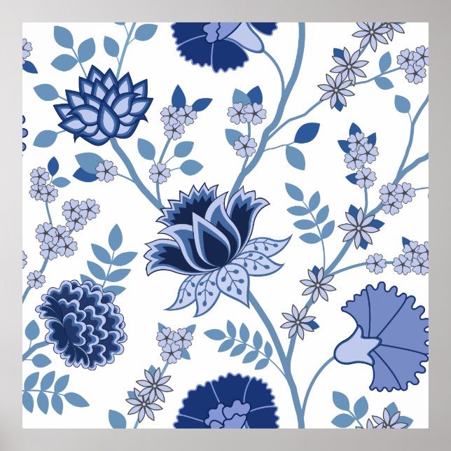 Poster Jacobean Floral Lg Motif Bleu sur Blanc (Devant)