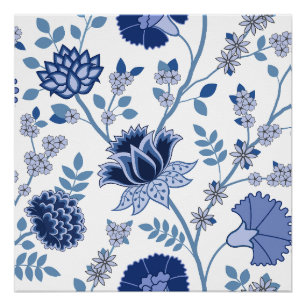 Poster Jacobean Floral Lg Motif Bleu sur Blanc