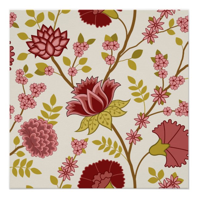 Poster Jacobean Floral Lg Motif Reds Pinks Gold Crème (Devant)