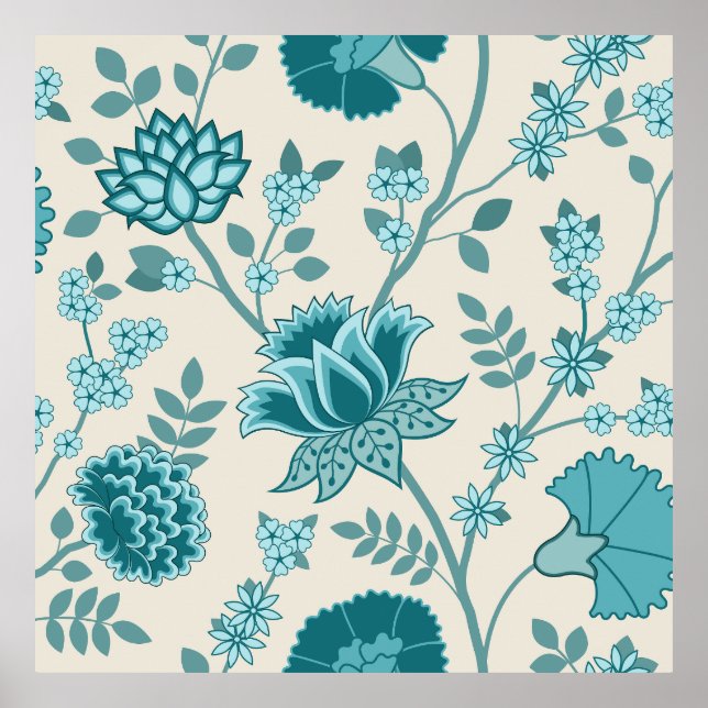 Poster Jacobean Floral Lg Motif Teals sur Crème (Devant)