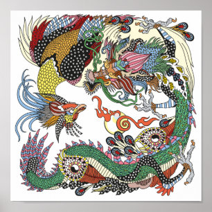 Poster Jade Dragon and Gold Phoenix playing with a pearl