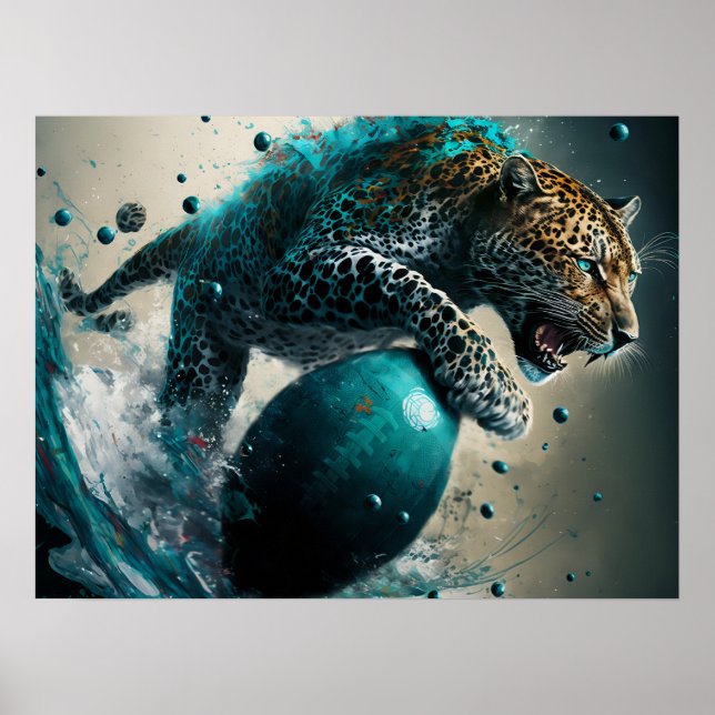 Poster Jaguar turquoise et football (Devant)