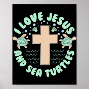 Poster J'aime Jésus & Tortues de mer Foi chrétienne Croix