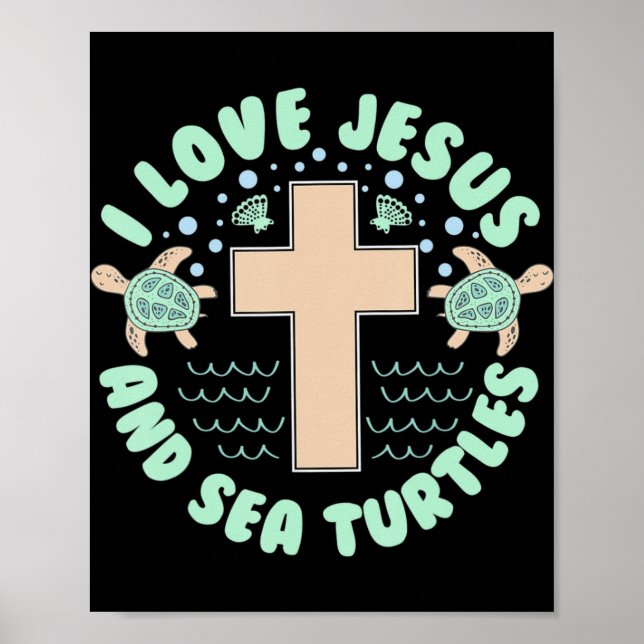 Poster J'aime Jésus & Tortues de mer Foi chrétienne Croix (Devant)