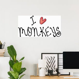Poster J'aime les singes, typographie manuscrite mignonne