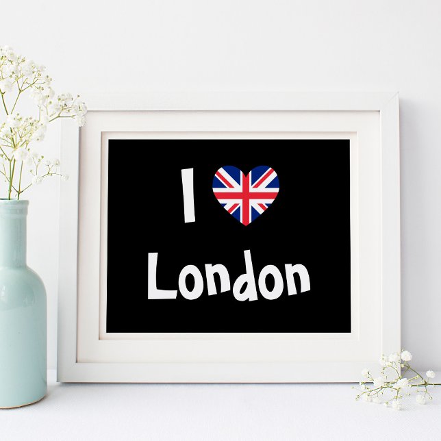 Poster J'aime Londres (Black and White I Love London with Union Jack Heart Shape)