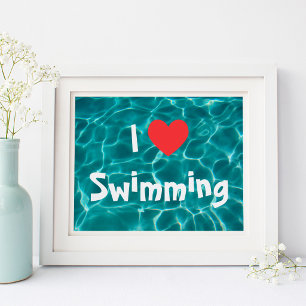 Poster J'aime Nager Cœur Rouge avec Eau de Piscine Aqua