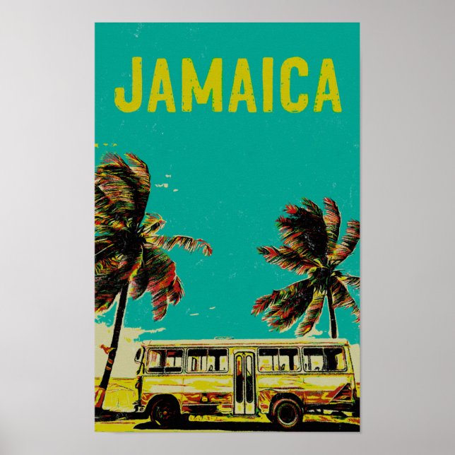 Poster Jamaïque, bus et palmiers carte postale (Devant)