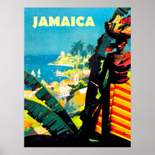 Poster Jamaïque, femme jamaïcaine avec un panier de fruit