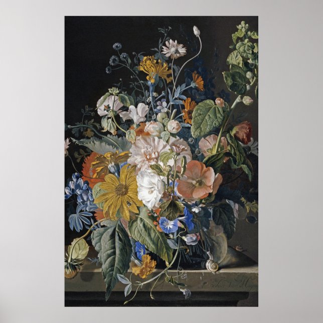 Poster Jan Van Huysum - Poppies, Hollyhock, Morning Glory (Devant)