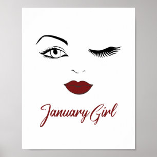 Poster Janvier Fille Yeux mignonnes lèvres rouges Wink An