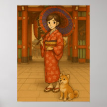 Japan Stroll - Kimono Girl and Shiba dog Art