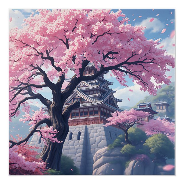 Poster Japanese Castle in Cherry Blossom Spring – Elegant (Devant)