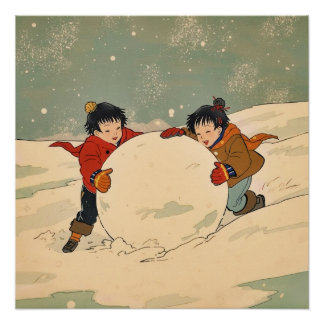 Poster Japanese children rolling big snow ball