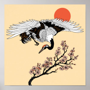 Poster Japanese crane bird and blooming sakura