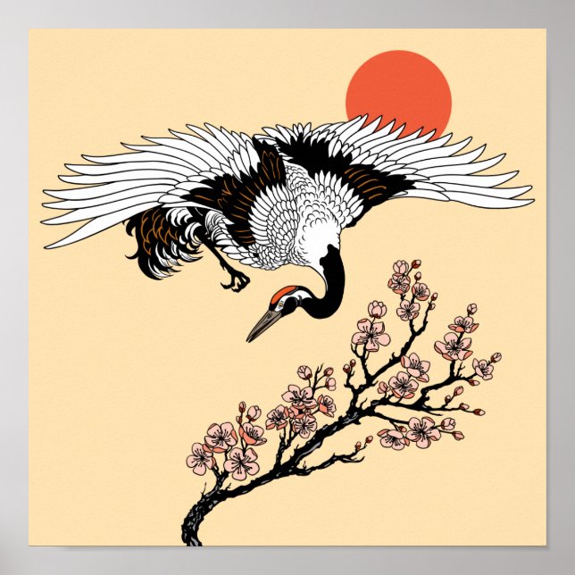 Poster Japanese crane bird and blooming sakura (Devant)