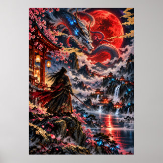 Poster Japanese Dragon Samurai Red Moon Fantasy Art