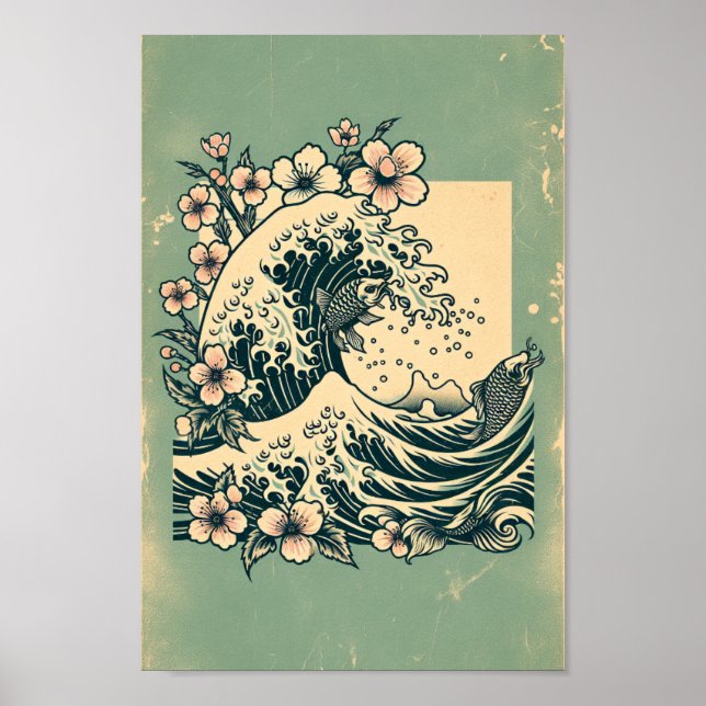 Poster Japanese Great Wave Koi Fish & Cherry Blossom Art (Devant)