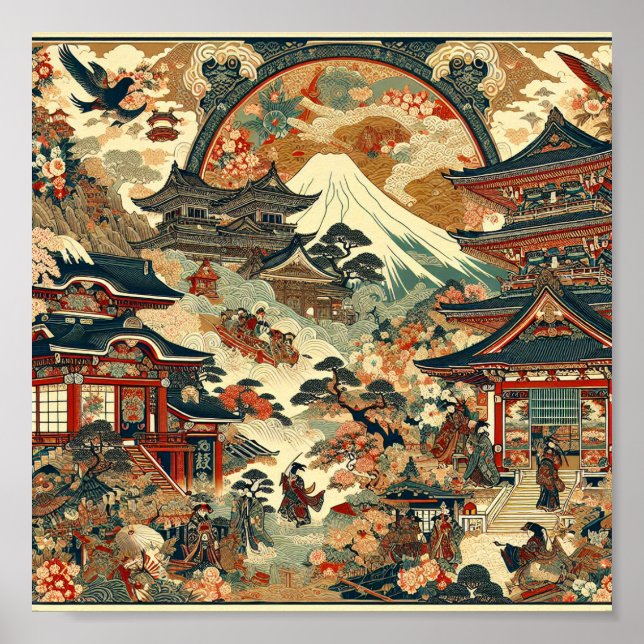 Poster Japanese Landscape Mt Fuji Temples Cherry Blossoms (Devant)