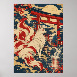 Poster Japanese Nine Tailed Fox Kitsune Shrine Moon Art