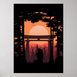 Poster Japanese Samurai In Sunset