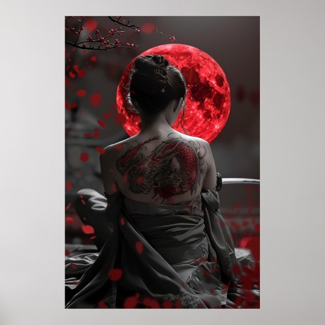 Poster Japanese samurai woman with tattoo under full moon (Devant)