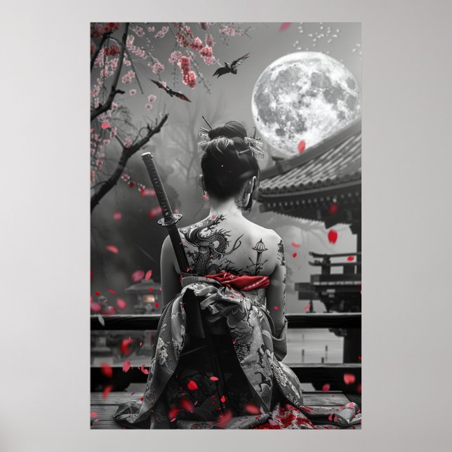 Poster Japanese samurai woman with tattoo under full moon (Devant)