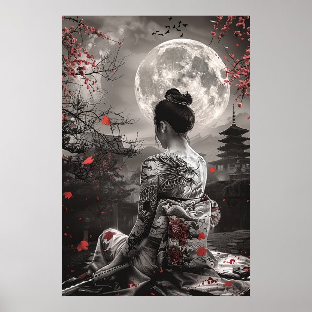 Poster Japanese samurai woman with tattoo under full moon (Devant)