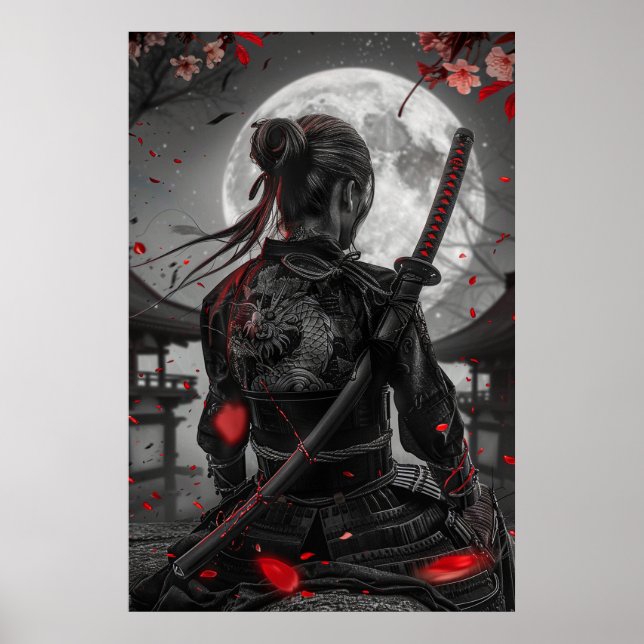Poster Japanese samurai woman with tattoo under full moon (Devant)