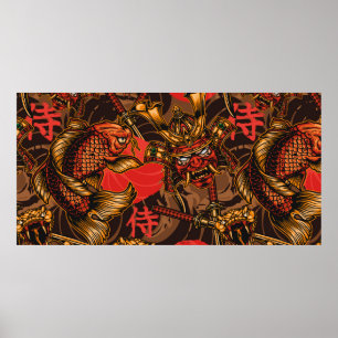 Poster Japanese style vintage seamless pattern with samur