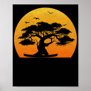 Poster Japanese Trees Zen Buddhist Orange Sunset Bonsai