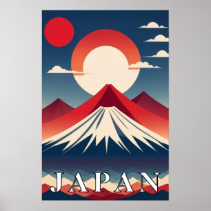 Poster Japon Mont Fuji Géométrique Voyage Soleil Rouge